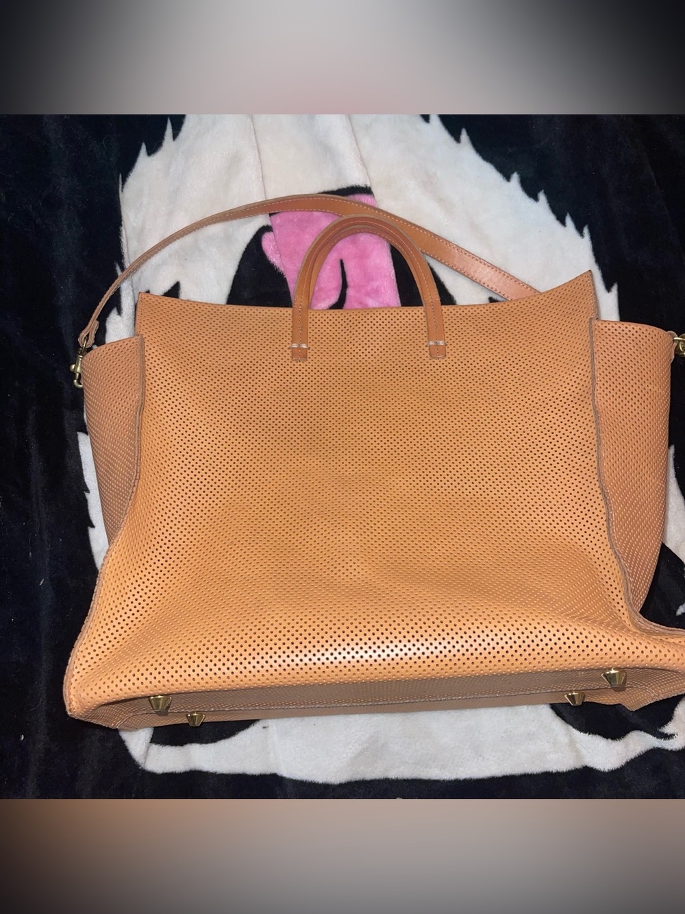 Clare V. Leather Large Perforated Tote with Shoulder Strap and base feet EUC USA